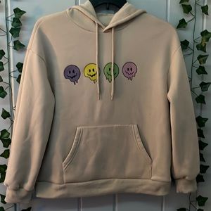 SHEIN tan smiley face hoodie, Size L.